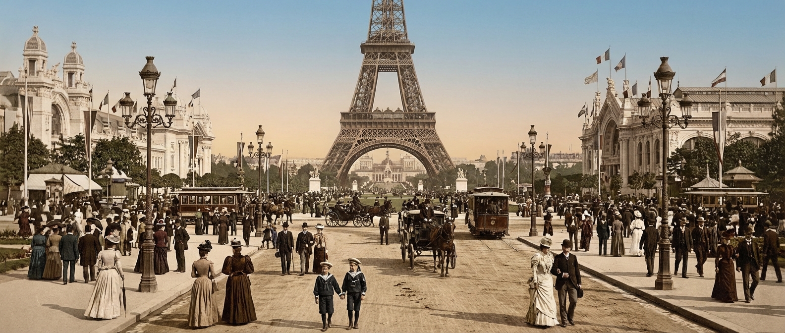 A wide-angle, slightly elevated view of the Champ de Mars in Paris, France, during the 1889 Exposition Universelle. The newly completed Eiffel Tower dominates the background, its intricate iron lattice structure prominent against a clear, late afternoon sky. Below, the sprawling grounds are bustling with a diverse crowd of visitors: women in elaborate Belle Époque dresses with cinched waists and wide-brimmed hats, men in three-piece suits and bowler hats, and children in sailor suits. Horse-drawn carriages and a few early electric streetcars navigate the wide avenues, while ornate gas lamps line the paths, not yet lit. The atmosphere is vibrant, celebratory, and filled with a mix of Parisian citizens and international attendees marveling at the exhibition pavilions flanking the tower.