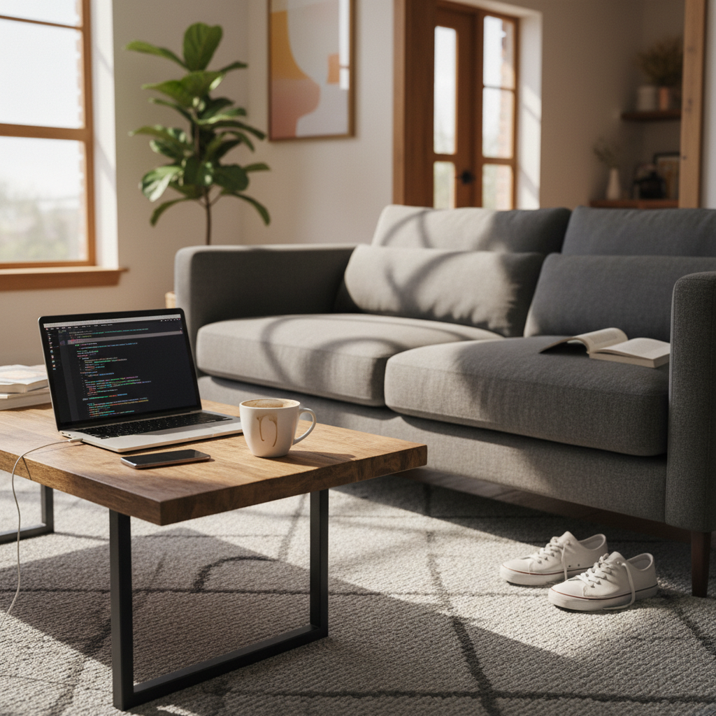 Ultra-photorealistic candid indoor photo of a cozy modern living room in daytime. A half-finished cup of coffee on a wooden coffee table, an open laptop with a faint reflection on the screen, a soft fabric sofa with slightly wrinkled cushions, a light gray rug with subtle texture. Natural light coming from a large window on the left, soft shadows and realistic global illumination. Small daily clutter: a book with a folded page, a phone charging with a cable, a pair of sneakers near the door. Neutral warm color grading, shallow depth of field, 50mm lens, f/1.8, realistic skin and materials, no distortion, cinema-grade ultra-detailed 8K photograph.