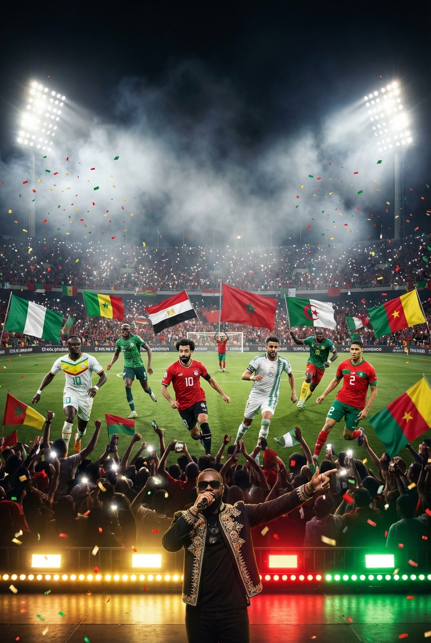 Create a cinematic, ultra-realistic AFCON 2025 music wallpaper for the anthem 'Les Lions d’Afrique'. The scene shows a night-time stadium in Morocco, packed with cheering fans and dramatic…