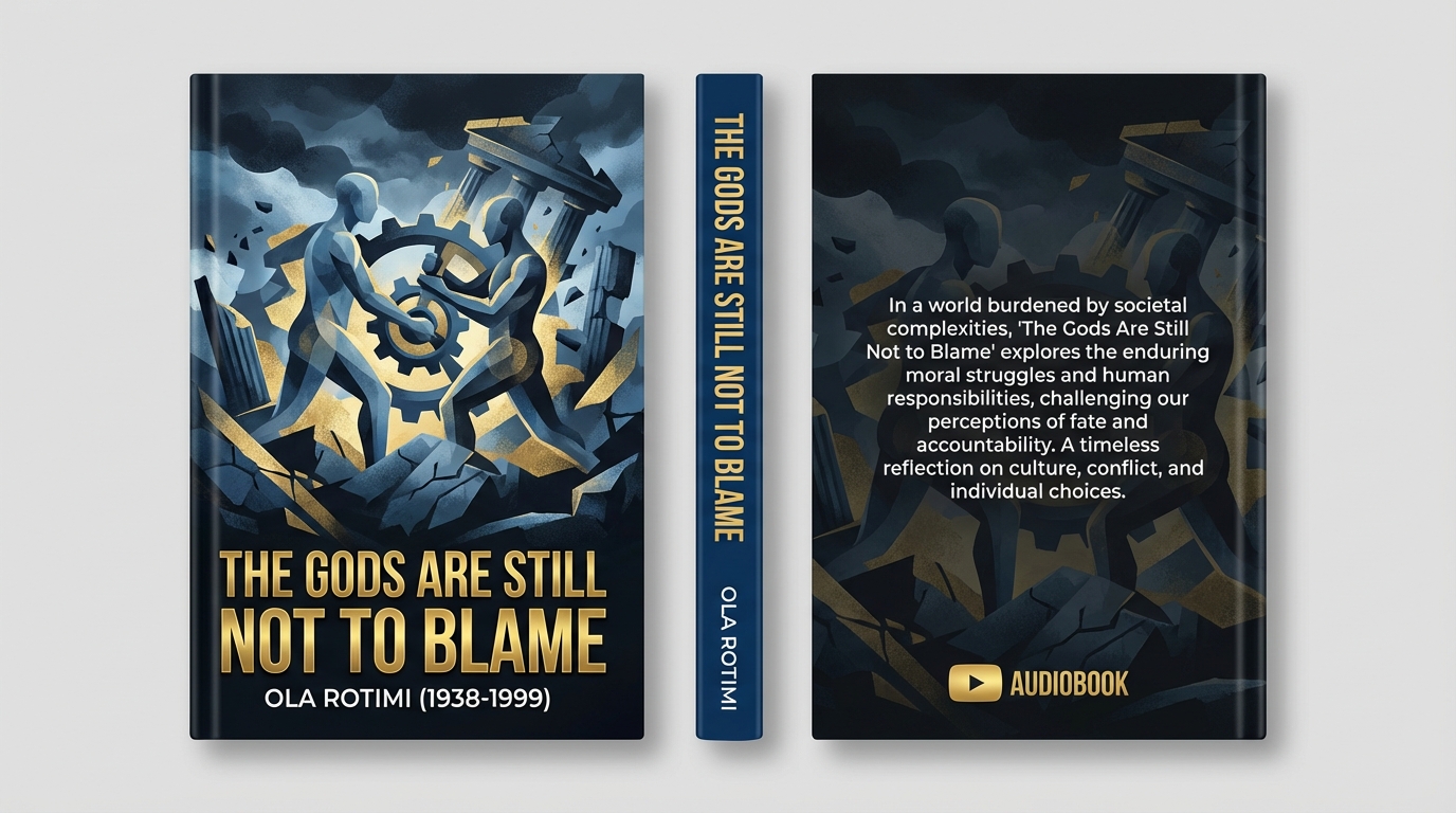 Full book cover (front, spine, back) for a YouTube audiobook, modern and bold style. Title: 'The Gods Are Still Not to Blame', Author: Ola Rotimi (1938-1999). Front cover: abstract depiction of…