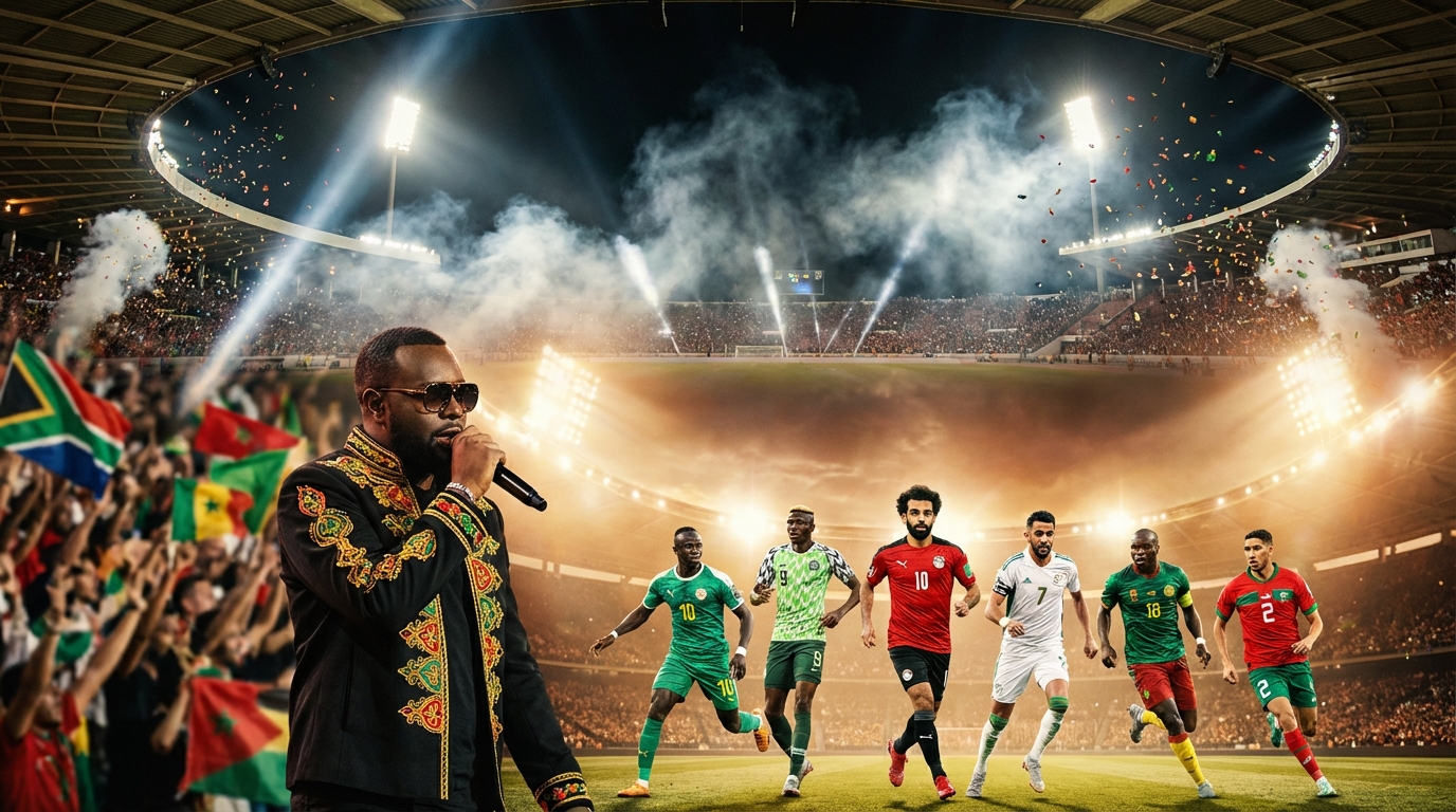 Create a cinematic, ultra-realistic AFCON 2025 music wallpaper for the anthem 'Les Lions d’Afrique'. The scene shows a night-time stadium in Morocco, packed with cheering fans and dramatic…