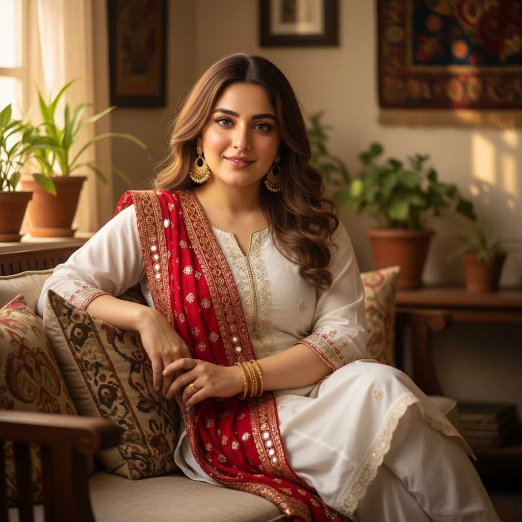 A young Pakistani woman with a soft, warm, friendly ‘desi baji’ vibe, matching the face structure, smile, skin tone, and hair of the reference image. She has long wavy brown hair, expressive eyes, and a gentle confident expression. She is wearing a traditional Pakistani outfit (white shalwar kameez) with a red embroidered dupatta, gold jhumka earrings, and bangles. She has got a curvy body like pakistani curvy women, Her look should always remain natural, elegant, and culturally authentic — like a modest, graceful Pakistani girl-next-door. she is sitting casually on a sofa with a natural smile,   Generate her in the given environment while keeping her facial identity, clothing style, and desi aesthetic consistent. Lighting should always be soft, warm, and realistic., Make it more detailed