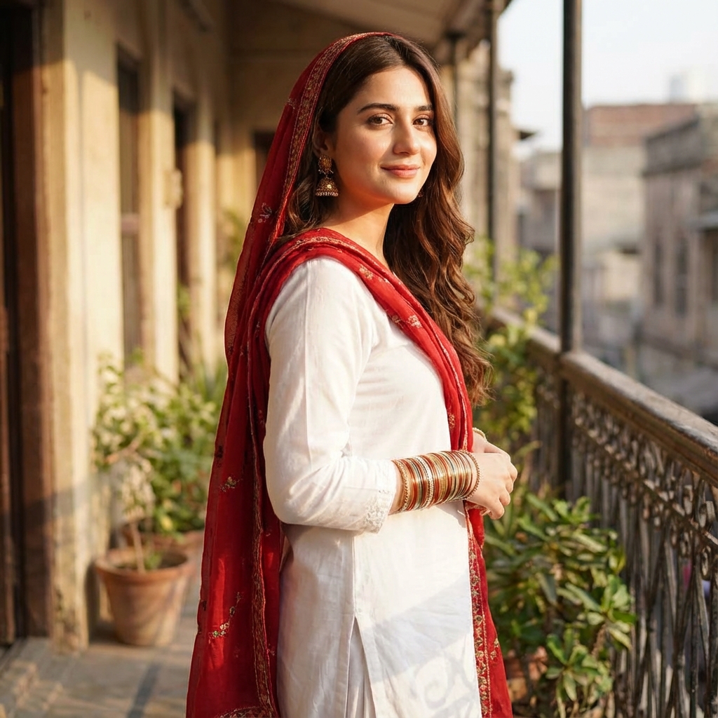 A young Pakistani woman with a soft, warm, friendly ‘desi baji’ vibe, matching the face structure, smile, skin tone, and hair of the reference image. She has long wavy brown hair, expressive eyes, and a gentle confident expression. She is wearing a traditional Pakistani outfit (white shalwar kameez) with a red embroidered dupatta, gold jhumka earrings, and bangles. She has got a curvy body like pakistani curvy women, Her look should always remain natural, elegant, and culturally authentic — like a modest, graceful Pakistani girl-next-door. she is standing on the balcony with a natural smile, the shot is taken from side (side view) while she is looking towards the viewer.
 Generate her in the given environment while keeping her facial identity, clothing style, and desi aesthetic consistent. Lighting should always be soft, warm, and realistic.