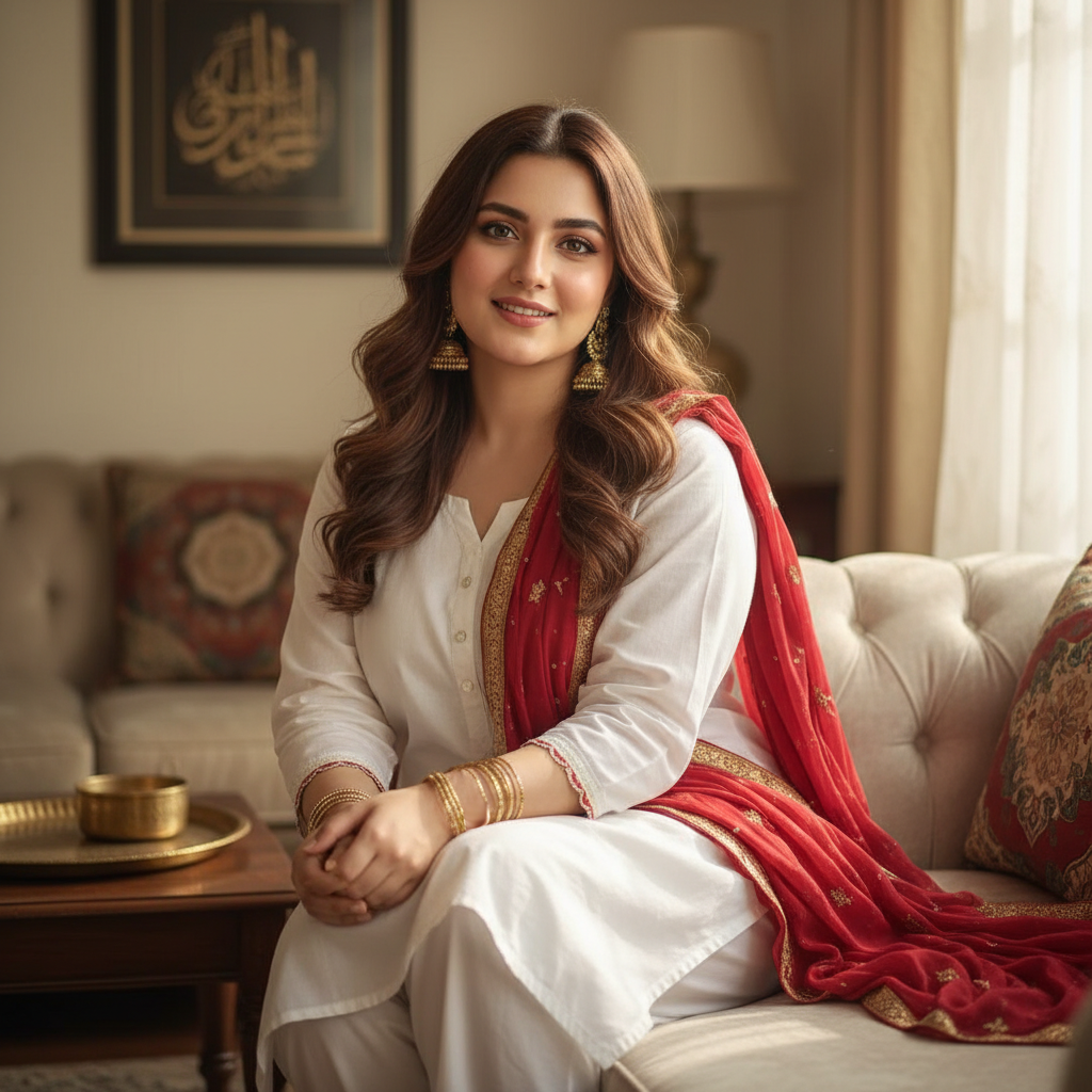 A young Pakistani woman with a soft, warm, friendly ‘desi baji’ vibe, matching the face structure, smile, skin tone, and hair of the reference image. She has long wavy brown hair, expressive eyes, and a gentle confident expression. She is wearing a traditional Pakistani outfit (white shalwar kameez) with a red embroidered dupatta, gold jhumka earrings, and bangles. She has got a curvy body like pakistani curvy women, Her look should always remain natural, elegant, and culturally authentic — like a modest, graceful Pakistani girl-next-door. she is sitting casually on a sofa with a natural smile,   Generate her in the given environment while keeping her facial identity, clothing style, and desi aesthetic consistent. Lighting should always be soft, warm, and realistic.
