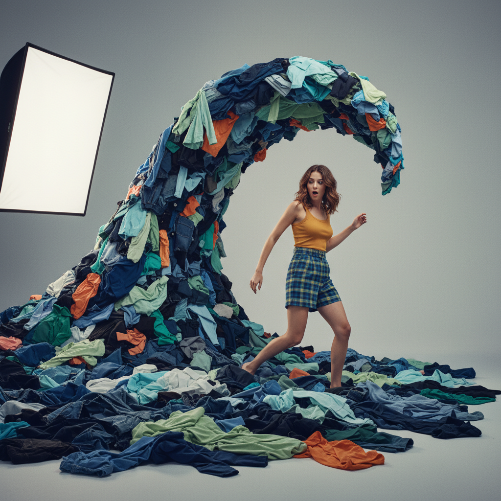 Photorealistic commercial photograph — A young woman in a yellow tank top and plaid shorts stands on a floor covered in mixed clothing, looking surprised and stepping back while a monumental,…
