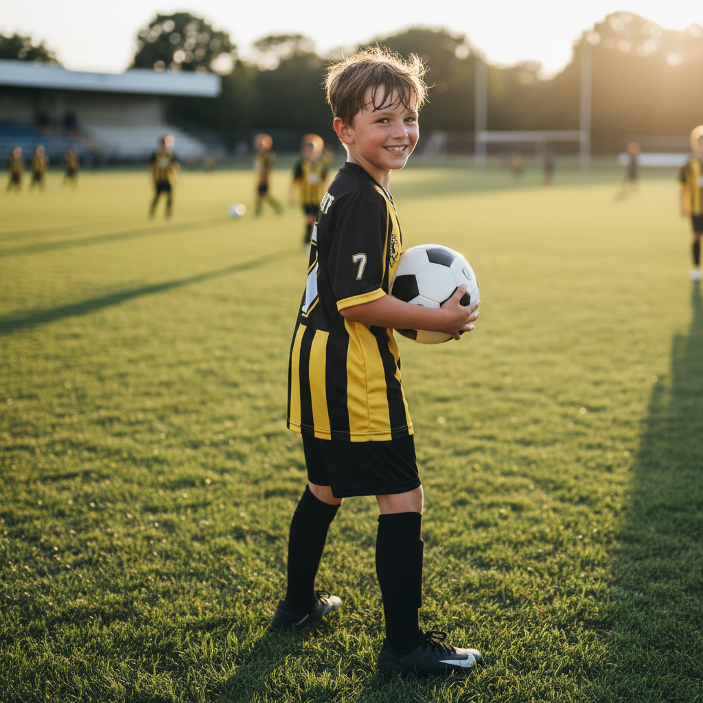 footballer boy, 10 years old in black and yellow jersey
