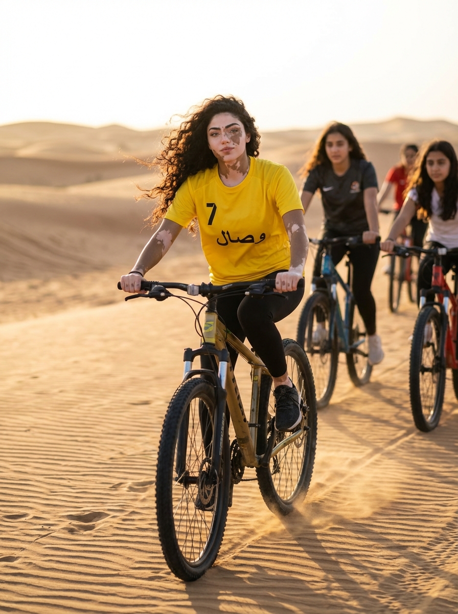 # ----------------------
# PROMPT (Main)
# ----------------------
Ultra-realistic cinematic full-body photograph of a young woman riding a bicycle in the desert,
identical facial features to the reference image,
wearing a yellow T-shirt with the number 7 and the name "وصال" printed on it,
natural human skin texture with visible pores and micro-imperfections,
subsurface scattering,
sharp expressive eyes,
confident and dynamic pose while riding,
wind slightly moving hair and T-shirt fabric,
several other young women behind her, realistic human proportions and expressions,
desert environment with visible sand texture and dunes,
warm sunlight, cinematic lighting with soft rim light and natural shadows,
dust subtly rising from sand behind bicycle wheels,
luxury fashion photography style,
RAW photo look,
4K HDR, ultra-detailed realism,
shallow depth of field, realistic motion blur for bike,
real life photography, NOT AI,
shot on full-frame DSLR, 85mm lens, f/1.4,
ISO 100, ultra-sharp focus on main subject's eyes
# ----------------------
# NEGATIVE PROMPT
# ----------------------
anime, cartoon, illustration, cgi, 3d, doll face, plastic skin,
smooth skin, fake lighting, overbeautified,
bad anatomy, extra fingers, deformed hands,
distorted face, blur, noise, watermark, text, ai artifacts,
muted colors, low detail, pixelated, unrealistic shadows,
floating objects, disproportionate body parts, unrealistic poses
# ----------------------
# SETTINGS (Max Realism)
# ----------------------
Steps: 55
CFG: 7.5
Sampler: DPM++ SDE Karras
Resolution: 1024x1536 (or 2048x2048 if GPU allows)
Hires.fix: ON
Upscale: 2x
Denoise: 0.25
Face Restoration: GFPGAN or CodeFormer
Enable Subsurface Scattering & Skin Detail Enhancement
Image to Image (if reference photo available): Strength 0.35-0.45
Motion Blur / Dynamic Pose Enhancement: ON