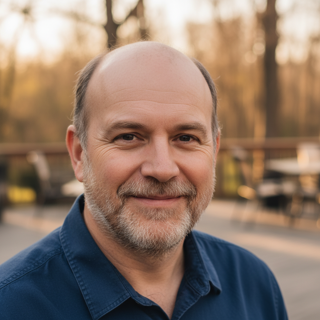 make a 40 to 50 yr old man bald with sides, witha light stubble beard, fairly round face