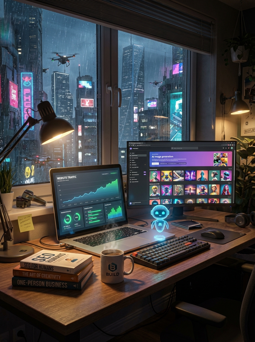 Ultra-detailed cozy night-time workspace of a solo creator building an AI startup: a wooden desk with a sleek laptop showing a dashboard of rising website traffic and glowing analytics charts, a second ultrawide monitor with an AI image generator interface full of vibrant thumbnails, a small holographic AI assistant floating above the keyboard, books titled “SEO”, “Creativity”, “One-person business” stacked beside a steaming mug. Outside the big window is a futuristic city with neon signs and flying drones, soft rain on the glass, reflections everywhere. Style: cinematic, 3D render + digital painting hybrid, 8K resolution, ultra-sharp details, soft volumetric lighting, depth of field, trending on ArtStation, highly photorealistic yet slightly dreamy.