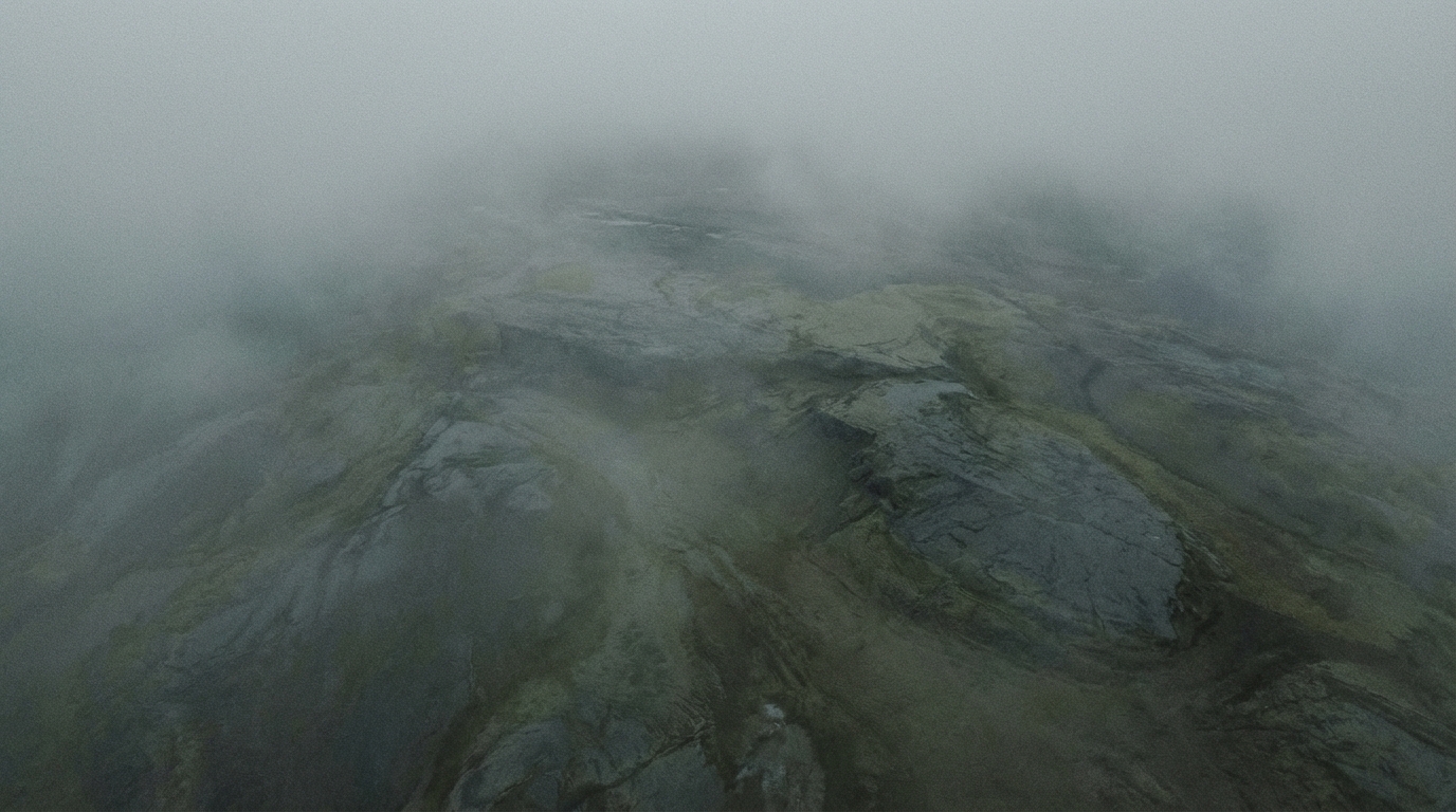 { "prompt": "Aerial image where spatial orientation dissolves. The viewer no longer has a clear position — not above, not below, not facing. The frame feels slightly tilted, just enough to break…