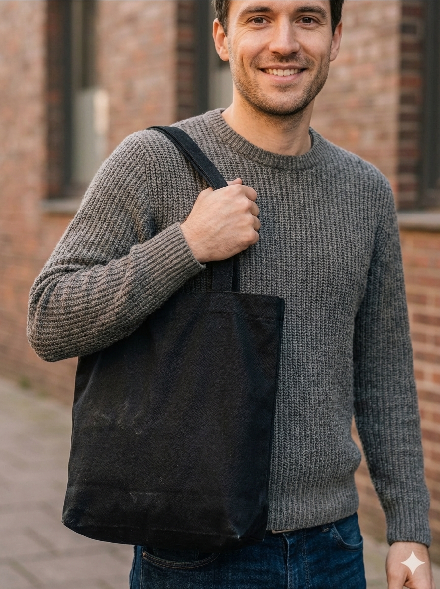 сделай красивую картинку где у парня шопер и он нормально его держит сам он одет красиво +- в такой же одежде как тут, шопер должен быть чище и уже, но должен смотреть в камеру и быть крупным планом остальное либо за кадром либо либо только чуть чуть попадает в кадр