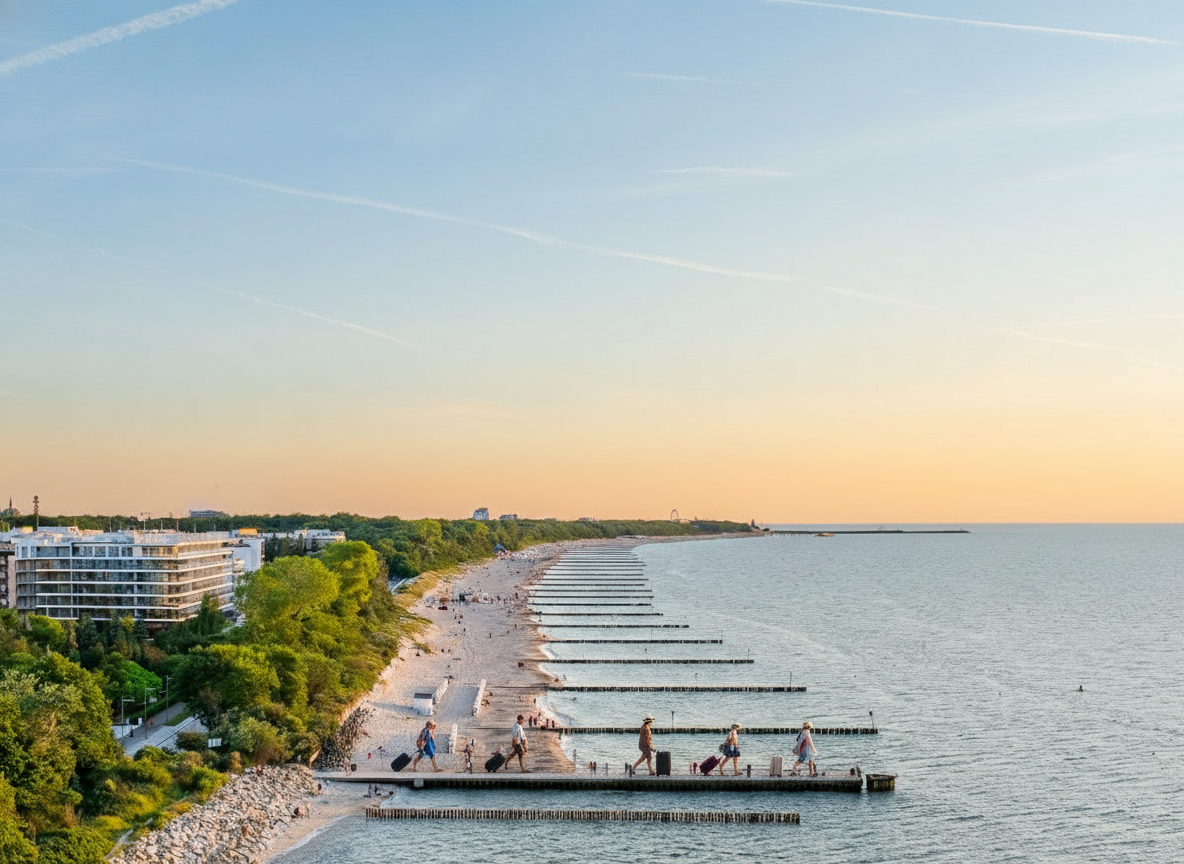 dodaj turystów ubranych wakacyjnie z walizkami idących od brzegu w strone budynku po lewej stronie, niech bedzie ich widać od boku i w odstępach od siebie