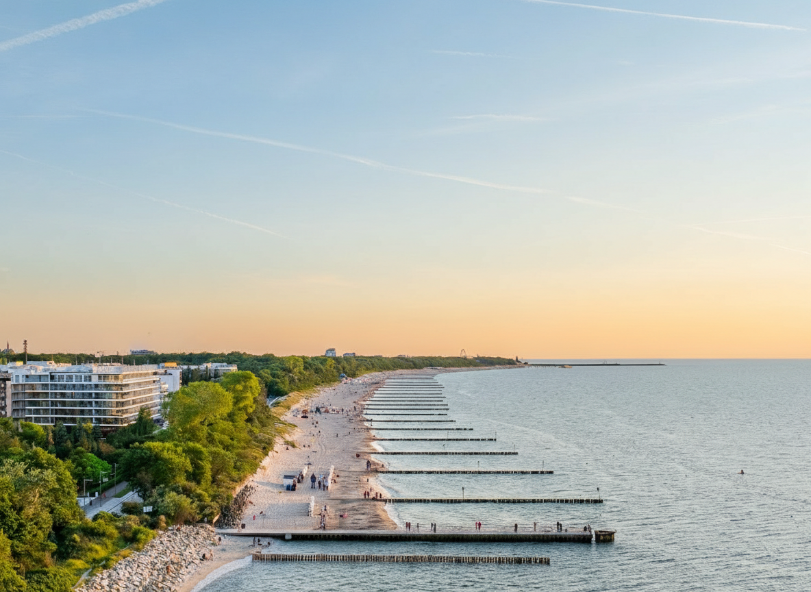 dodaj turystów ubranych wakacyjnie z walizkami idących od brzegu w strone budynku po lewej stronie, niech bedzie ich widać od boku i w odstępach od siebie, niech kierują się w drugą stronę, do…