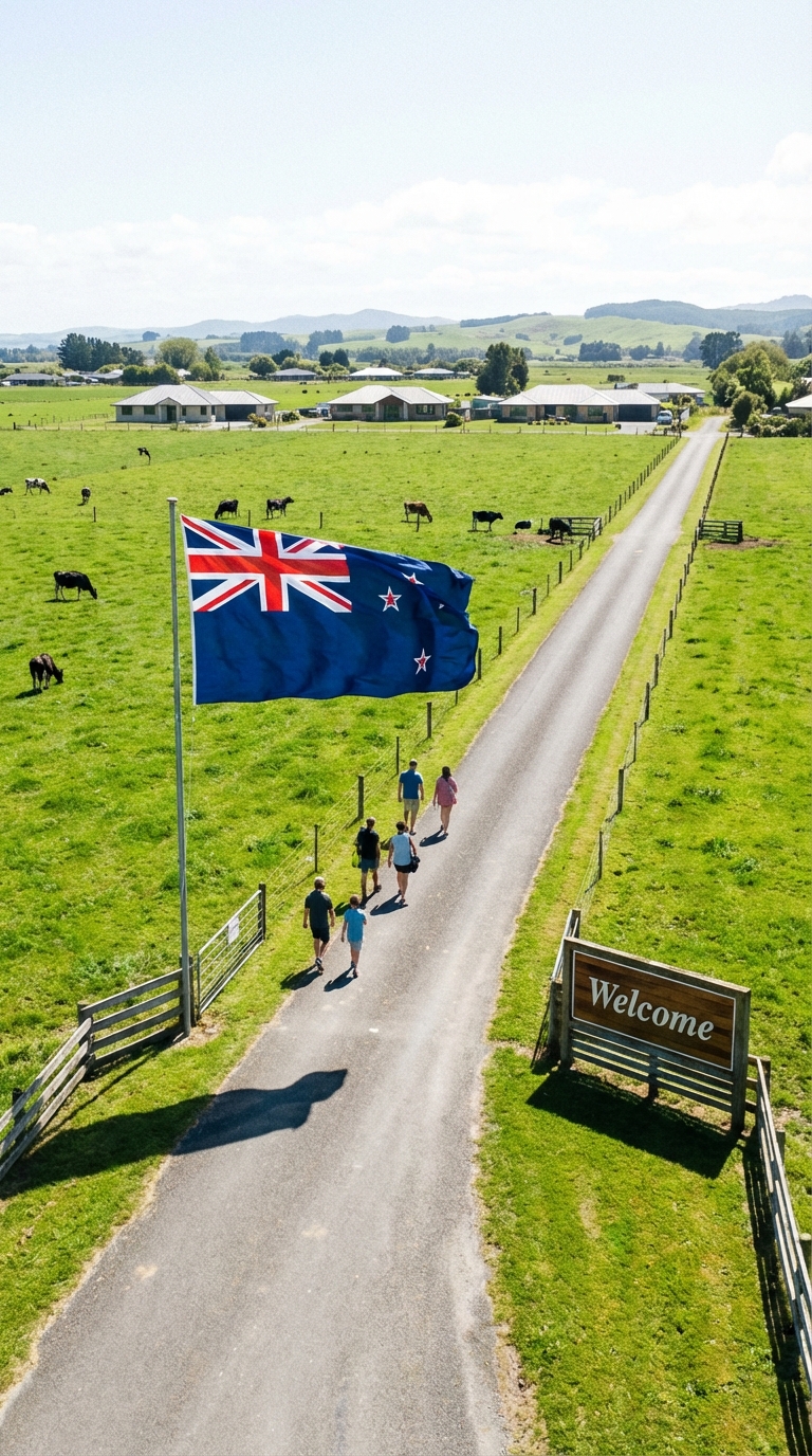 Green field in New Zealand with a road crossing it. In the middle of the road, on the right side, there is a rectangular sign with the word "Welcome". On the left side of the road, a large New…