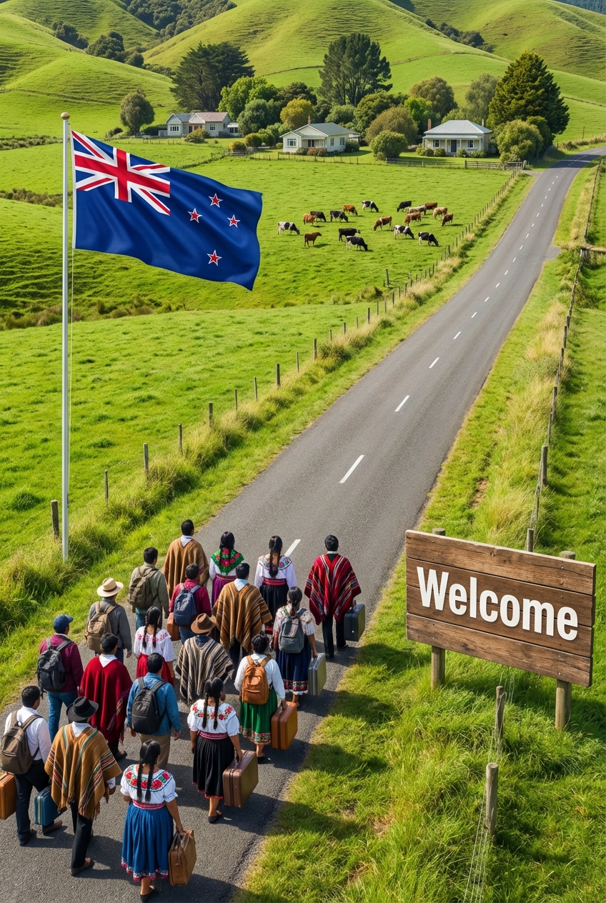 Green field in New Zealand with a road crossing it. In the middle of the road, on the right side, there is a rectangular sign with the word "Welcome". On the left side of the road, a large New…