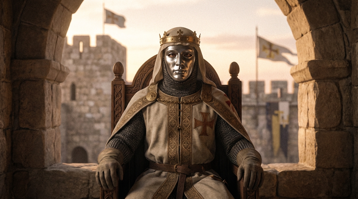 “Cinematic, photorealistic historical portrait of King Baldwin IV of Jerusalem. He stands or sits solemnly in royal attire, wearing a crown and crusader-era robes, his face calm yet marked by quiet…