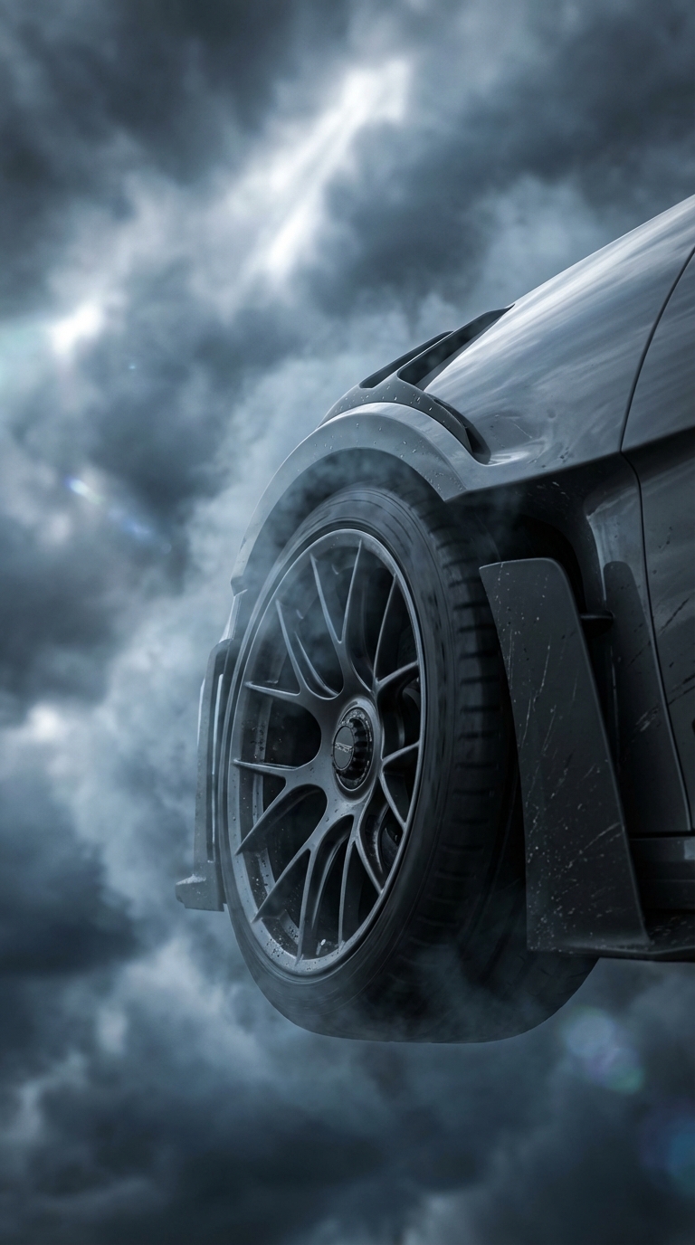 Ultra-realistic sky-borne photo of a gray Porsche 992 GT3 RS. Extreme close-up of the rear wheel and wide fender, slightly tilted, as if the car is powering through storm clouds. The Porsche wheel rim and tire are sharp and detailed, with realistic reflections. Surround the wheel with cloud vapor trails, drifting mist, and subtle scratches on the body. Strong overhead light beams cutting through clouds, cool gray-blue ambient light, cinematic contrast, shallow depth of field, bokeh in the background. Hyper-detailed, 4K, vertical 9:16, photoreal, no text.
