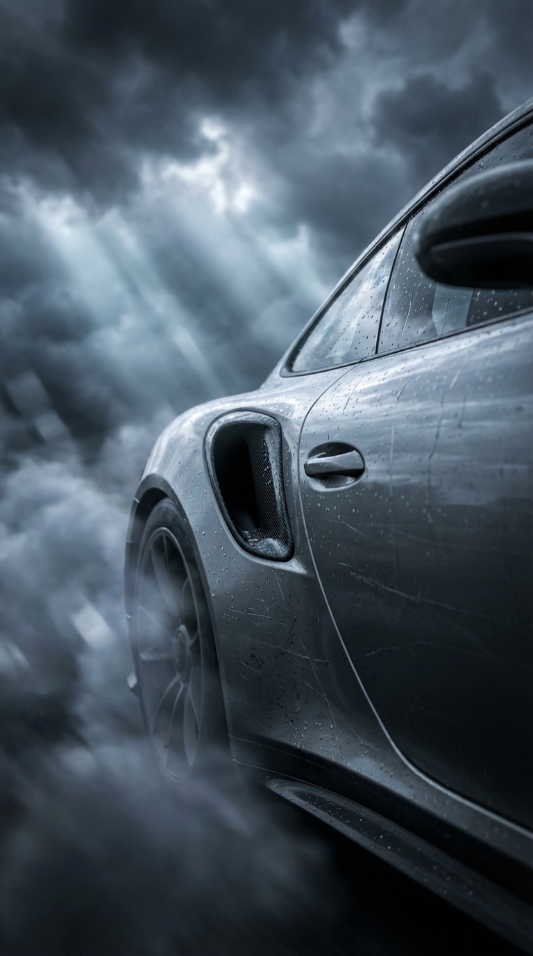 Ultra-realistic sky-borne photo of a gray Porsche 992 GT3 RS. Extreme close-up of the side intake and aggressive body lines, slightly tilted, as if the car is slicing through storm clouds. Wet metallic and carbon fiber surfaces show sharp reflections and fine texture. Surround the body with cloud streaks, drifting mist, and subtle scratches. Strong overhead light beams cutting through clouds, cool gray-blue ambient light, cinematic contrast, shallow depth of field, bokeh in the background. Hyper-detailed, 4K, vertical 9:16, photoreal, no text.