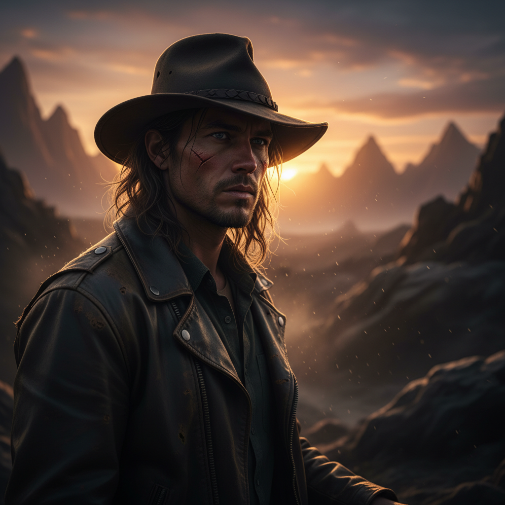 Cinematic portrait of a fearless explorer, rim lighting, ultra-detailed, 85mm lens, shallow depth of field, moody shadows