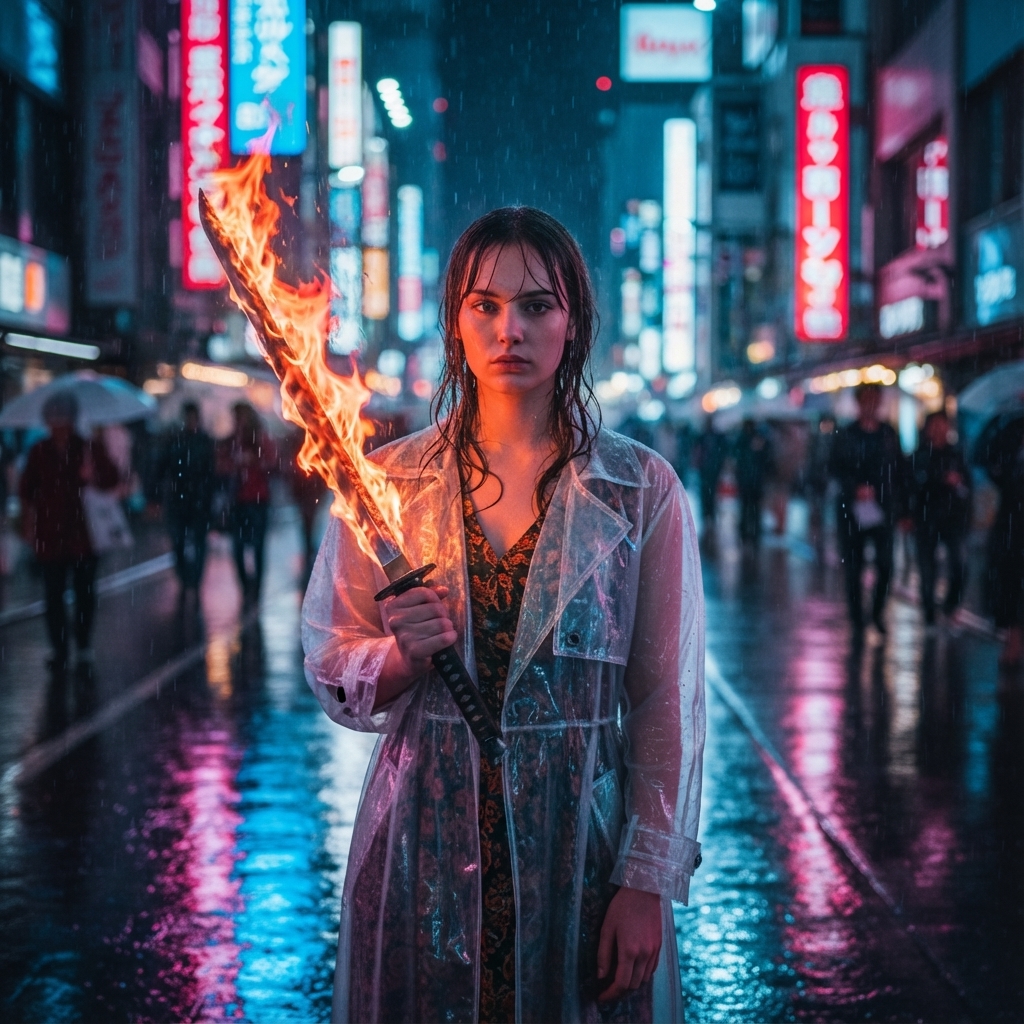 雨伞换成一把带着火焰的剑