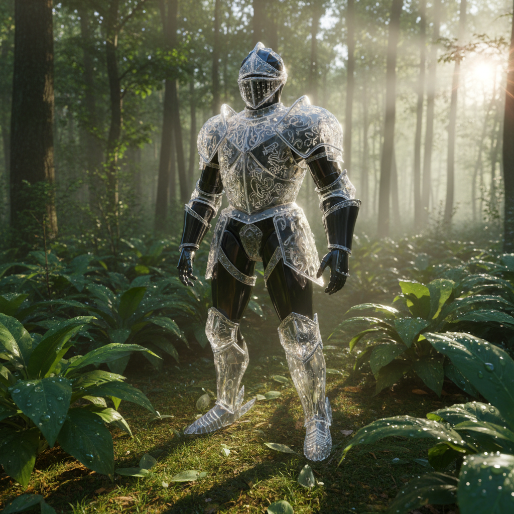 A photo-realistic medieval knight made of transparent crystal and polished obsidian, standing in a lush forest at sunrise. Highly accurate caustics as light passes through the crystal armor, subtle lens flares, dew drops on leaves with micro-reflections, and soft volumetric rays between the trees. Intricate engravings on the armor with perfectly sharp edges. Physically consistent shadows, fully correct refractions, no warping or melting geometry. 8K ultra-detailed cinematic composition.