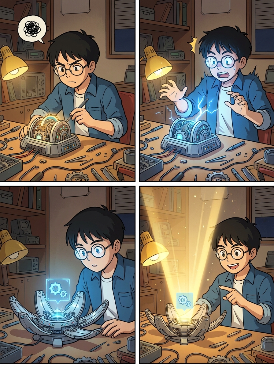 Create a 4-panel comic strip in a consistent hand-drawn style. 
Each panel must feature the same main character: a young engineer with short black hair, round glasses, and a blue jacket. 
Panels should look like sequential story frames with consistent proportions, colors, and facial features.

Panel 1: The engineer sits at a cluttered desk, struggling with a glowing futuristic device.
Panel 2: A small spark pops out of the device, surprising him. The room lights up with blue reflections.
Panel 3: The device suddenly stabilizes and opens like a flower, revealing a tiny floating hologram.
Panel 4: The engineer smiles proudly as the hologram projects a bright beam upward, illuminating the room.

Style: clear line art, subtle shading, clean outlines, warm colors, mild retro manga aesthetic. 
No text bubbles. Perfectly consistent character and environment in all panels.
