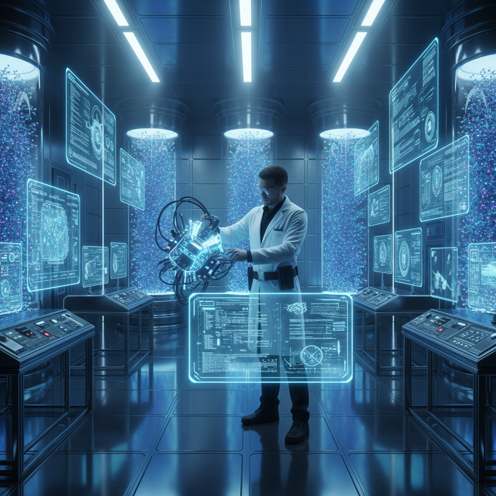 An ultra-detailed sci-fi laboratory interior with transparent holographic interfaces floating in mid-air, blue volumetric lighting, reflective metal surfaces, glass cylinders filled with swirling nanobots, and accurate physically-based reflections. A scientist wearing a white coat is adjusting a glowing device with intricate cables and micro-textures on the surface. Perfect perspective, no warped objects, readable tiny labels, sharp edges, precise shadows, clean geometry. 8K resolution cinematic shot.