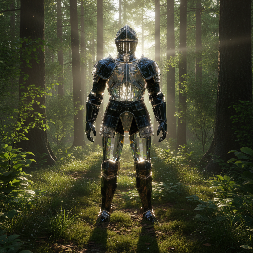 A photo-realistic medieval knight made of transparent crystal and polished obsidian, standing in a lush forest at sunrise. Highly accurate caustics as light passes through the crystal armor, subtle lens flares, dew drops on leaves with micro-reflections, and soft volumetric rays between the trees. Intricate engravings on the armor with perfectly sharp edges. Physically consistent shadows, fully correct refractions, no warping or melting geometry. 8K ultra-detailed cinematic composition.