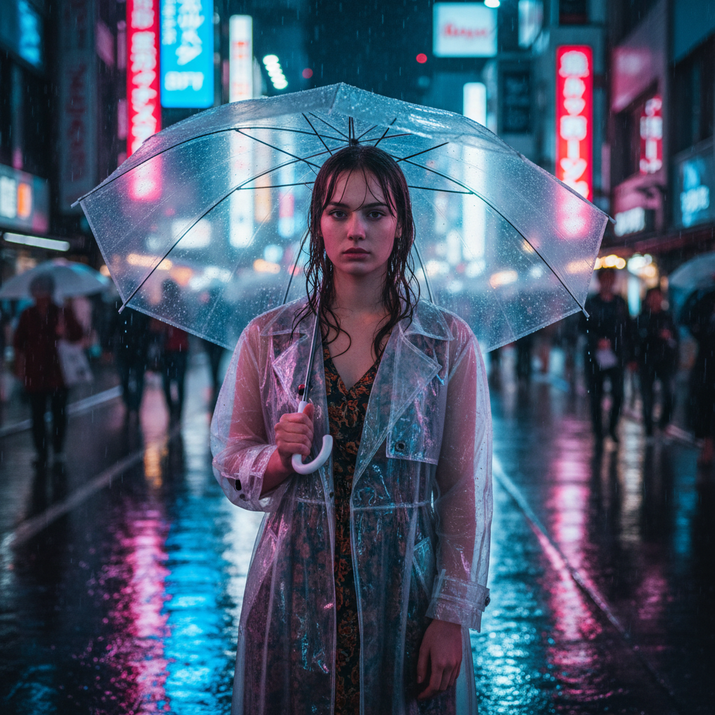 A hyper-detailed cinematic portrait of a young woman standing in a neon-lit street in Tokyo during a gentle rain. Ultra-realistic skin texture, perfectly rendered hands, natural hair strands, accurate reflections in puddles, and physically correct global illumination. Complex layered lighting with blue and magenta highlights. High-frequency details on clothing fabric. Subtle depth of field with sharp eyes and natural bokeh. No distortions, no extra fingers, anatomically correct. Shot on a 50mm f1.4 lens, 8K resolution.