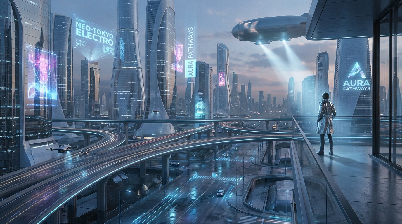 A vast futuristic cityscape at dusk, filled with floating highways, translucent skyscrapers, and neon holographic advertisements shimmering in the air. Sleek autonomous drones fly between the buildings. The streets below glow with soft blue ambient light and reflections on wet metallic surfaces. A lone figure in a minimalistic silver coat stands on a balcony overlooking the city, illuminated by volumetric light beams from passing airships. Ultra-clean architecture, advanced materials, smooth curves, and a sense of massive scale. 8K cinematic sci-fi aesthetic.