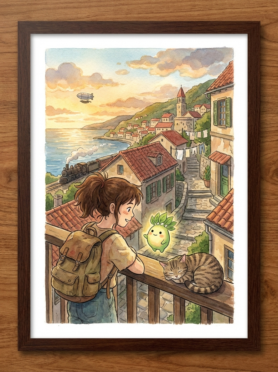 Ghibli-inspired hand-painted illustration of a small coastal town on a hillside at golden hour: narrow stone streets, hanging signboards, red rooftops, laundry fluttering in the wind. In the foreground, a curious girl with a small backpack and messy hair is standing on a balcony with a sleepy cat, looking at a friendly, round forest spirit made of soft glowing leaves. Far below, the deep blue sea reflects the sky, with a tiny steam train running along the coast and a small airship slowly passing overhead. Soft, warm lighting, big fluffy clouds, subtle film grain, rich but gentle colors, detailed textures on stone and wood, cozy and nostalgic mood, in the style of a Studio Ghibli background painting.