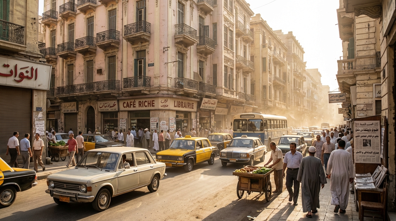 A wide-angle, slightly low-angle street shot capturing the vibrant morning bustle of Rue Fouad (Sharia Fouad) in downtown Alexandria, Egypt, in 1980. Sunlight streams down, creating long shadows and highlighting the dust in the air. Ornate, slightly faded pastel-colored buildings with iron balconies line the street, some with Arabic and French shop signs on their ground floors. The street is crowded with older model cars like Fiat 128s and Ladas, yellow-and-black taxis, and a crowded public bus. Pedestrians, a mix of men in short-sleeved shirts and trousers or traditional galabeyas, and women in modest dresses, some with headscarves, others with contemporary hairstyles, navigate the busy sidewalks. Street vendors push carts, and a newspaper stand displays headlines in Arabic. The overall atmosphere is lively, sun-drenched, and slightly chaotic.