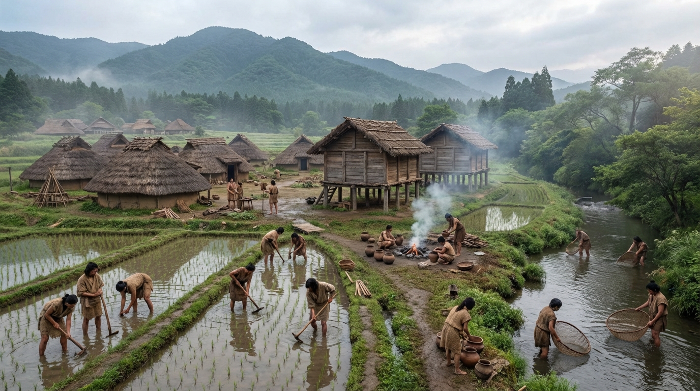 A wide-angle shot of an early Yayoi period settlement in central Japan, around 260 BC. The scene features several simple, thatched-roof pit-dwellings and raised-floor granaries made of wood and earth. Figures dressed in simple, woven garments of hemp or bark fiber are tending to small fields of irrigated rice paddies. Others are engaged in pottery making near a communal fire, or fishing in a nearby stream with primitive nets. Soft, diffused morning light illuminates the communal activity, highlighting the natural textures of wood, thatch, and earthenware. The distant hills are covered in dense forest.
