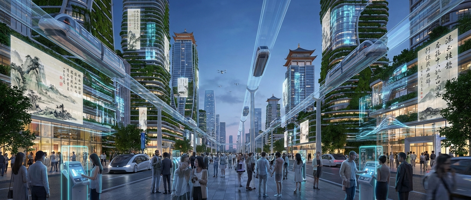 A wide-angle, eye-level shot looking down a grand, pedestrianized boulevard in Chang'an, 2100, at dusk. Towering, organically shaped skyscrapers with integrated vertical gardens rise on either side, their surfaces shimmering with subtle holographic advertisements that blend traditional Chinese motifs with modern data visualizations. Elevated transparent maglev lines crisscross between buildings, carrying sleek, silent pods. Below, autonomous ground vehicles glide along designated lanes. Pedestrians, a diverse crowd in adaptive, semi-transparent fabrics and smart wearables, stroll and converse, some interacting with glowing public display terminals. The sky is a deep twilight blue, illuminated by the soft glow of building facades and the occasional distant drone delivering goods. Traditional pagoda-inspired roofs are subtly integrated into the design of some modern structures, a nod to the city's ancient heritage amidst the ultra-modernity.