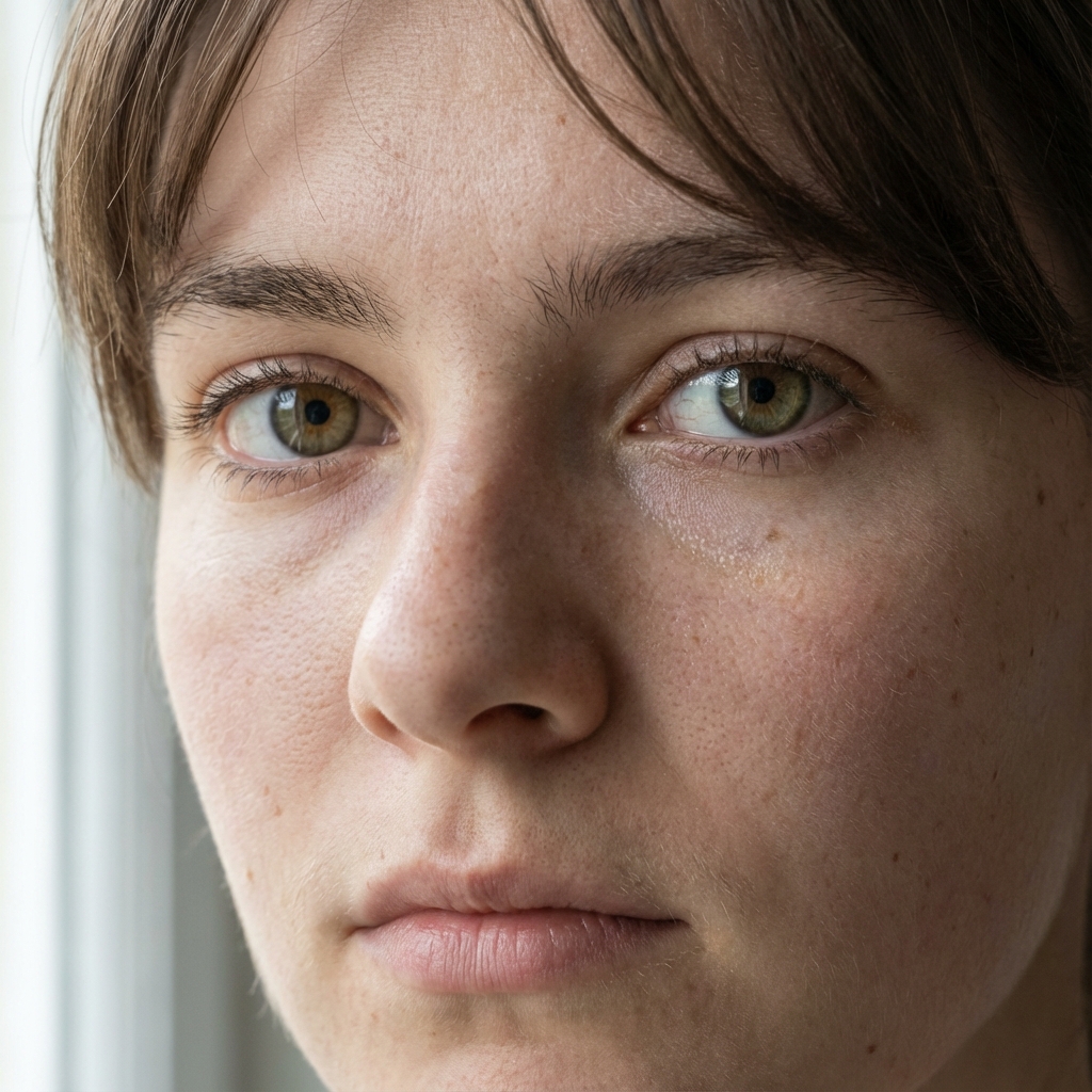 Ultra-photorealistic close-up indoor portrait of a human face, neutral expression. The frame focuses on the eyes, nose, and mouth. Extremely detailed skin with visible pores, fine vellus hair, subtle freckles and tiny imperfections, realistic subsurface scattering on the cheeks and nose. Highly detailed eyes with sharp irises, visible blood vessels, and natural specular highlight from a softbox or window. Individual hair strands around the forehead and temples, detailed eyebrows and eyelashes. Natural color grading, no beauty filter, no plastic skin. 85mm lens, f/2.0, shallow depth of field, ultra sharp focus on the eyes, 8K resolution.