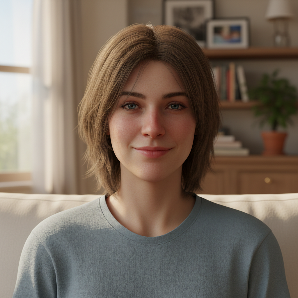 Ultra-photorealistic indoor portrait photo of a person sitting on a sofa in a cozy living room, daytime. Natural window light from the side softly illuminating the face. Highly detailed skin: visible pores, fine peach-fuzz facial hair, subtle imperfections, realistic subsurface scattering on the nose and cheeks, natural lip texture. Sharp, expressive eyes with clear reflections of the window, detailed eyelashes and eyebrows. Slightly messy casual hair, soft bokeh background with hints of shelves and books. 50mm lens, f/1.8, shallow depth of field, no distortion, 8K resolution, looks like a professional DSLR photograph.