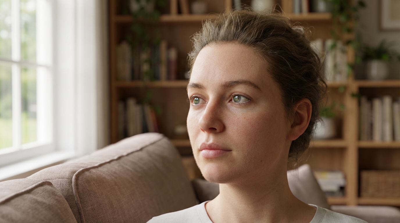 Ultra-photorealistic indoor portrait photo of a person sitting on a sofa in a cozy living room, daytime. Natural window light from the side softly illuminating the face. Highly detailed skin: visible pores, fine peach-fuzz facial hair, subtle imperfections, realistic subsurface scattering on the nose and cheeks, natural lip texture. Sharp, expressive eyes with clear reflections of the window, detailed eyelashes and eyebrows. Slightly messy casual hair, soft bokeh background with hints of shelves and books. 50mm lens, f/1.8, shallow depth of field, no distortion, 8K resolution, looks like a professional DSLR photograph.