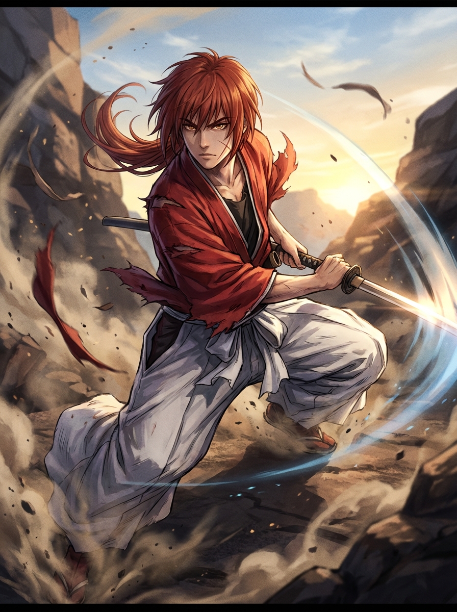Dynamic, semi-realistic anime-style illustration of a wandering swordsman in a classic attack pose. Slim young man with messy shoulder-length red hair and a faint cross-shaped scar on his cheek, wearing a worn red gi and white hakama. He is mid-lunge, katana drawn in a lightning-fast iai slash, upper body twisted slightly, one knee bent low, the other leg extended behind for balance. Fabric and hair flowing dramatically with the motion, intense eyes locked on the unseen opponent. Dust and small debris kicked up from the ground, faint motion blur on the sword to show insane speed. Strong contrast lighting, dramatic angle, cinematic framing, ultra-detailed 4K illustration.
