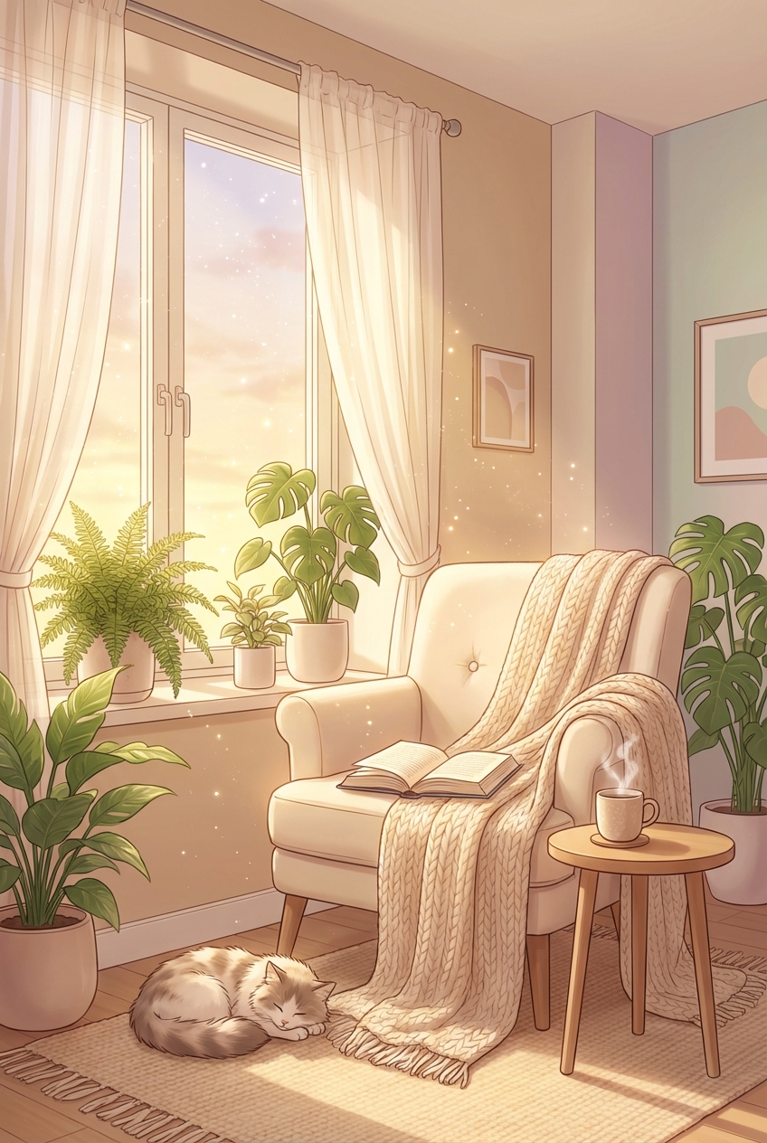 Ultra-photorealistic Pinterest-style vertical photo of a cozy sunlit reading corner in a modern apartment. A large window with soft sheer curtains, golden hour sunlight streaming in, dust particles glowing in the light. A comfy cream-colored armchair with a chunky knitted blanket, an open book on the seat, a steaming cup of coffee on a small wooden side table, a sleepy cat curled up nearby. Lush green houseplants on the floor and windowsill, warm beige and pastel tones, minimalist decor, soft shadows, dreamy atmosphere. Shot as a 9:16 vertical lifestyle photo, high-resolution, aesthetic, soft focus background, trending on Pinterest, highly sharable.