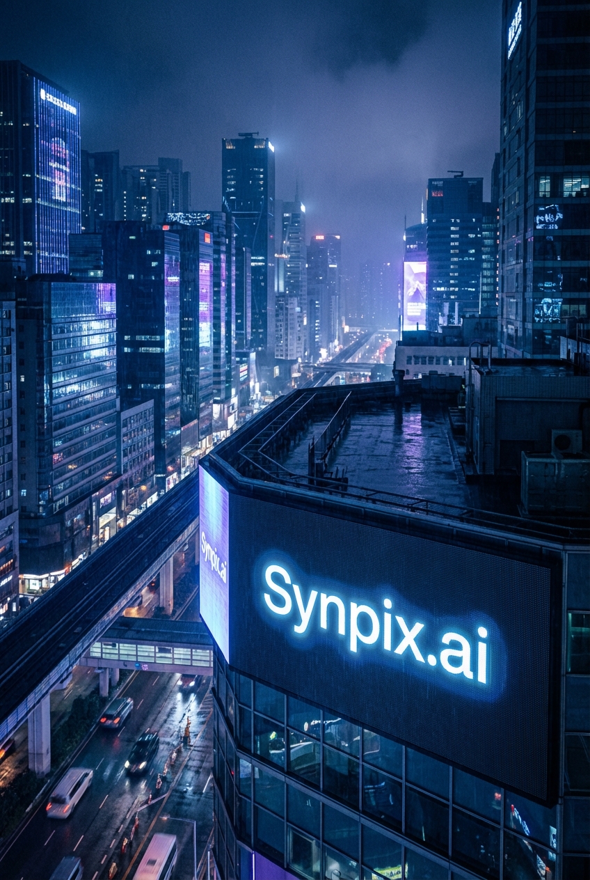 A hyper-realistic night view of a futuristic Asian megacity, seen from slightly above street level. Neon signs and holographic billboards glow in deep blues and purples, with light reflecting on wet…