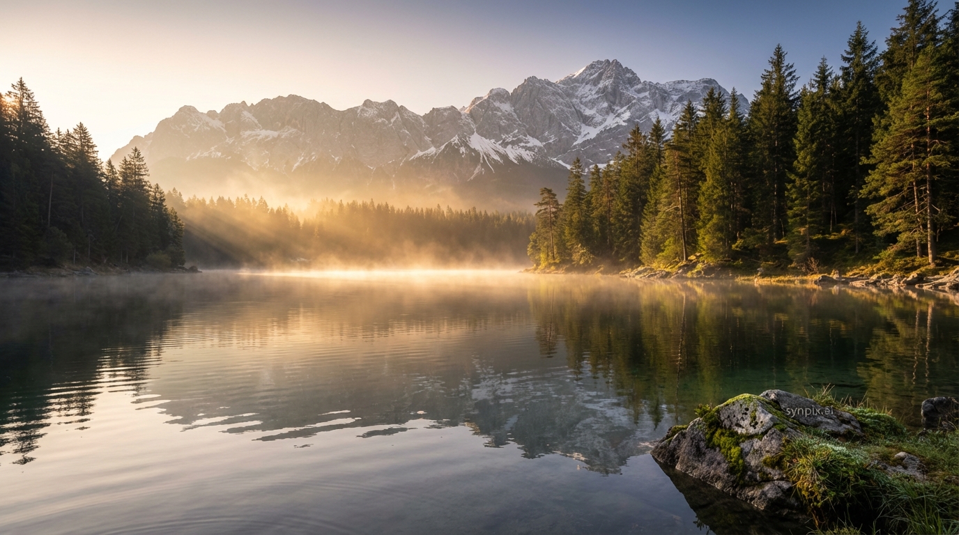 A breathtaking natural landscape photo, ultra realistic: a misty alpine lake at sunrise with dramatic snow-capped mountains, pine forest shoreline, soft volumetric light beams, gentle ripples on the…