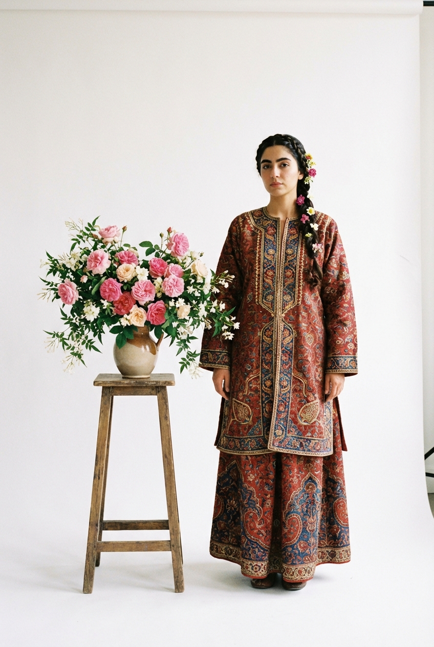 اینو تن یه مدل کن با پس زمینه سفید و یه گل زیبا کنارش