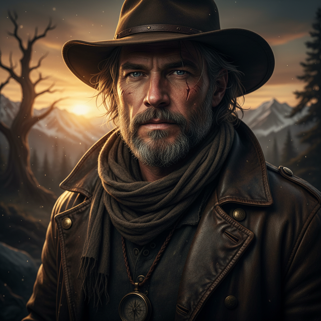 Cinematic portrait of a fearless explorer, rim lighting, ultra-detailed, 85mm lens, shallow depth of field, moody shadows, Make it more detailed