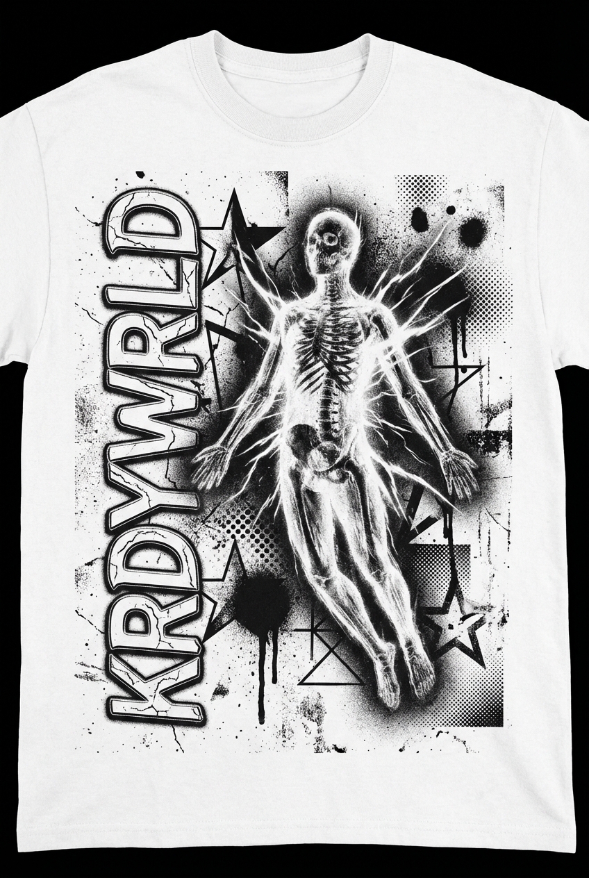 Create a streetwear graphic design with a gritty, underground aesthetic featuring: Central Element: An ethereal, translucent floating spirit/ghostly figure as the focal point Figure should appear…