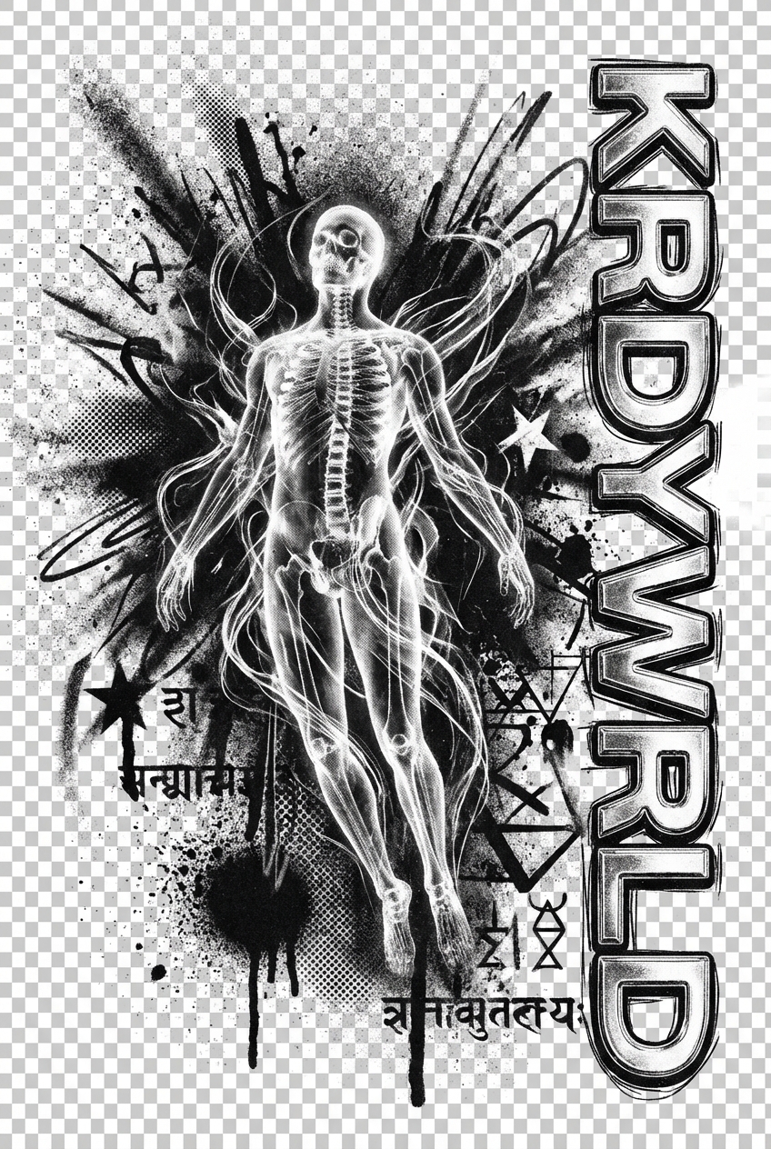 Create a standalone graphic design PNG (no mockup, just the artwork) with a gritty, underground streetwear aesthetic featuring: Central Element: An ethereal, translucent floating spirit/ghostly…