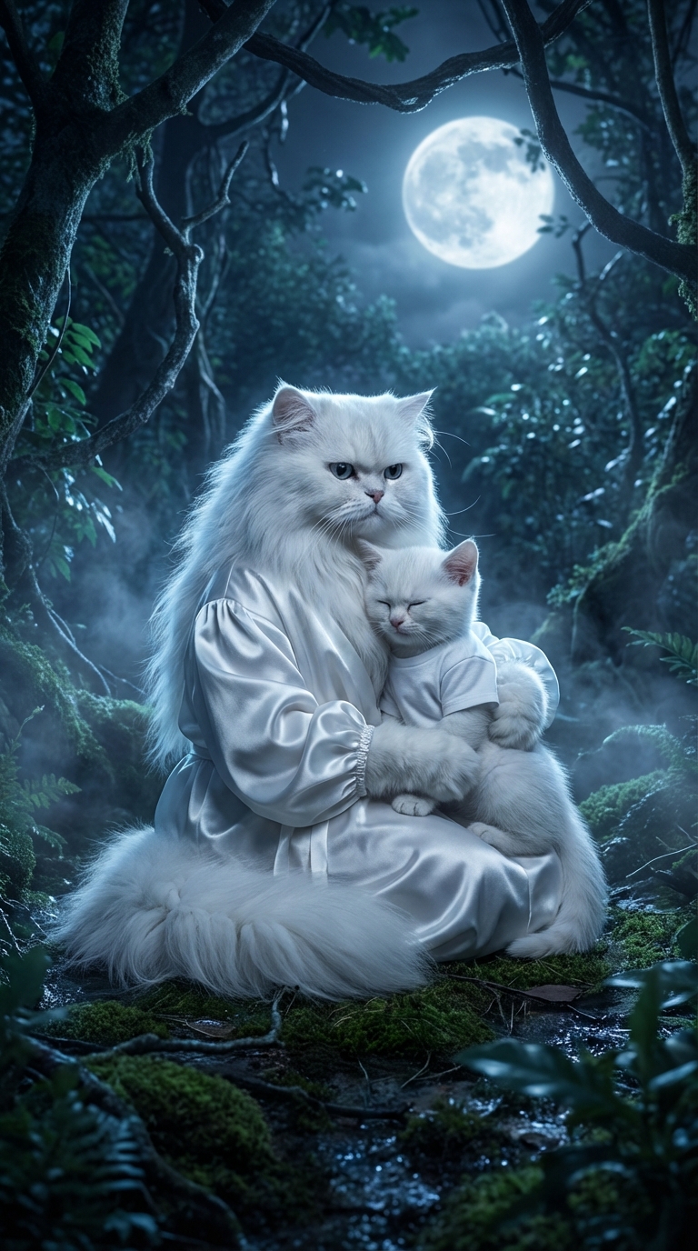 A highly detailed, photorealistic digital artwork of an overweight anthropomorphic white Persian cat with extremely long, flowing fluffy fur, wearing a loose white satin robe with puffed sleeves, sitting on the misty forest floor at night under a large full moon. She tenderly embraces and comforts a small anthropomorphic white kitten dressed in a simple white t-shirt, the kitten resting its head against her chest with eyes gently closed, both bathed in soft silvery moonlight filtering through dense jungle foliage and twisted branches. Cool blue moonlight with subtle rim lighting highlighting their ultra-realistic fur strands, delicate fabric sheen and soft folds, serene and emotional atmosphere, cinematic depth of field, rich shadows, gentle mist in the air. No text, no watermarks, no signatures.