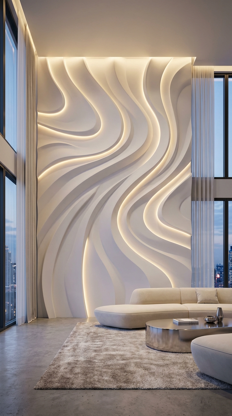 "A futuristic interior accent wall made of 3D gypsum panels, parametric fluid wave design, seamless white plaster finish, recessed warm LED strip lighting hidden within the curves, ultra-modern luxury living room, cinematic lighting, architectural photography, 8k resolution."