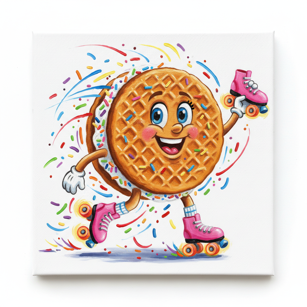 cute caricatureA cute, anthropomorphic cartoon-style ice cream sandwich figure roller skating with a cheerful expression. The ice cream sandwich has a waffle pattern on the cookie sides with large, expressive blue eyes and a wide, cheerful smile. It has a white cream filling with colorful sprinkles. The character has small, animated arms and legs and wears pink roller skates with orange wheels and white socks. One arm is bent in a bent pose and the other is holding a roller skate. In the background, scattered colorful sprinkles and dynamic lines of movement can be seen, conveying movement and tension. The overall style is lively, playful and lively.   oil painting, white background