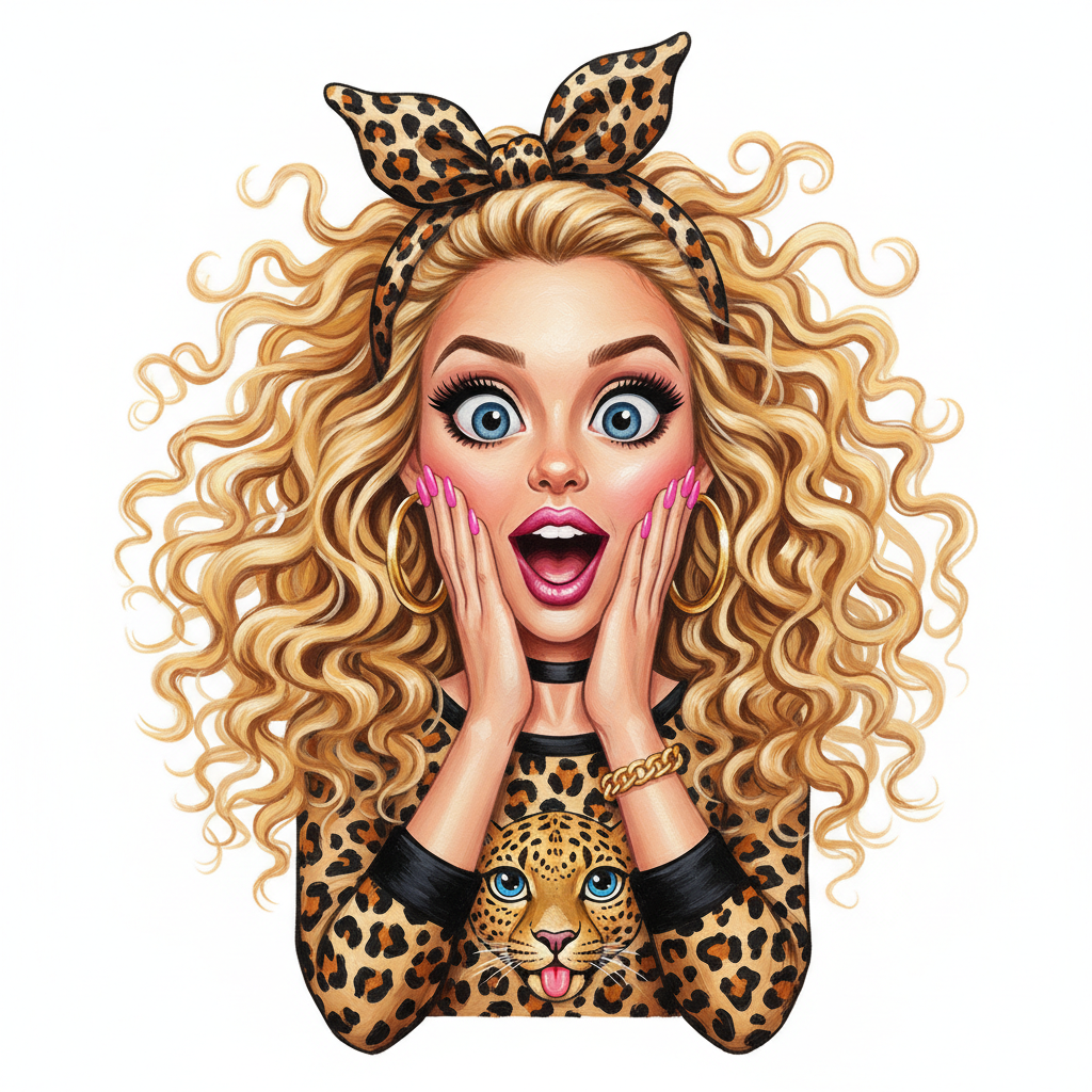 cute caricature surprised young woman with long, voluminous, wavy blonde hair. She wears a leopard print headband tied in a bow on her head and a matching leopard print top with black accents on the sleeves. Her eyes are wide open with bright blue irises and her mouth is open, showing excitement or shock. Her hands are placed on her cheeks with long, manicured pink nails. She has strong makeup with dark eyeliner, mascara and pink lipstick. As accessories, she wears gold hoop earrings, a black collar and a gold bracelet on her wrist. A distinctive feature is a leopard face on her chest with a pink nose, bright blue eyes and a pink tongue.oil painting, white background