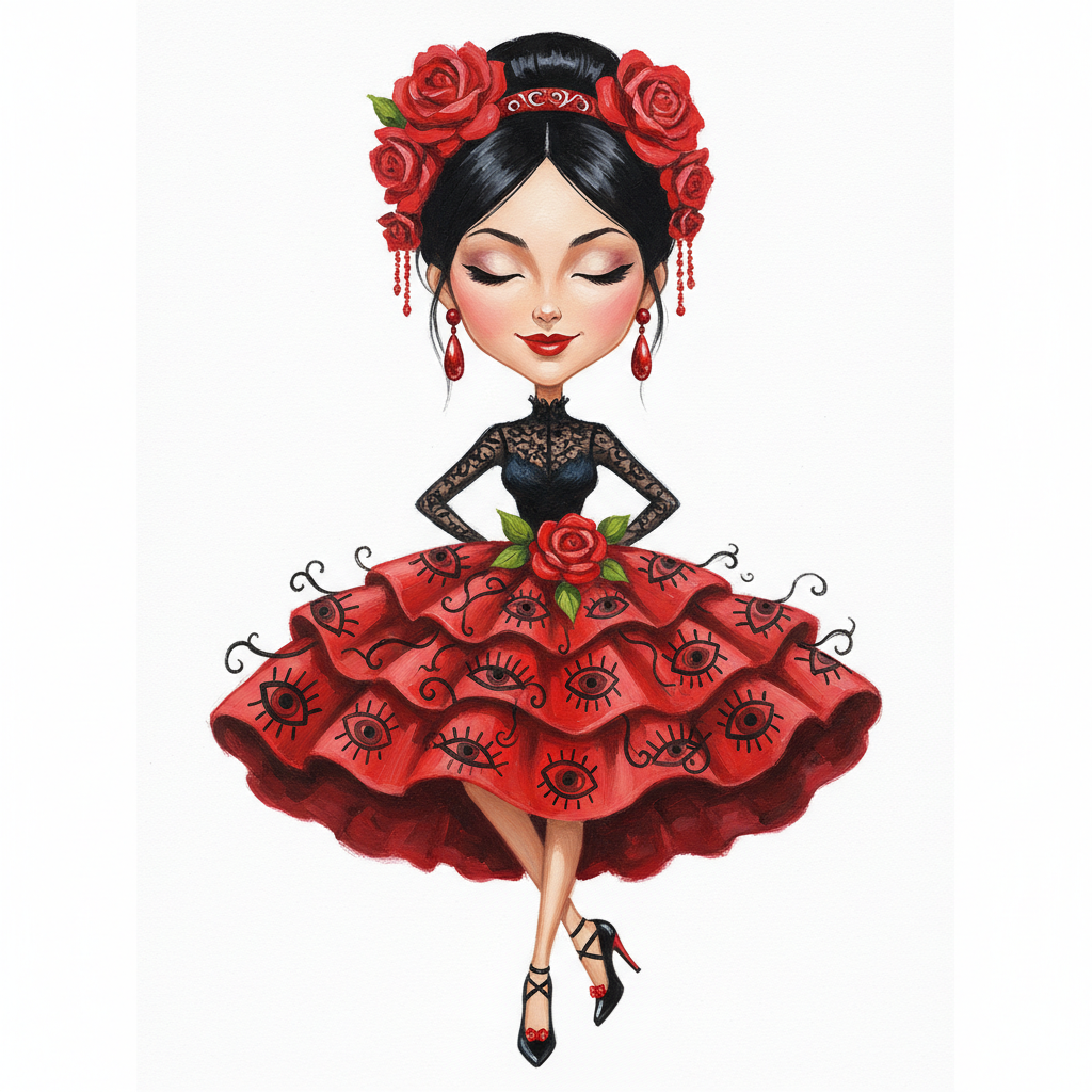 cute caricaturewoman wearing a vintage flamenco-style dress, a black lace top, and a voluminous red skirt with black eye patterns. She has dark, straight hair in an elegant updo adorned with red roses and a red hair accessory, as well as matching red earrings and a red flower at her waist. She wears black shoes with high heels and red accents and is posed gracefully with her eyes closed, her foot slightly raised and her expression calm   oil painting, white background